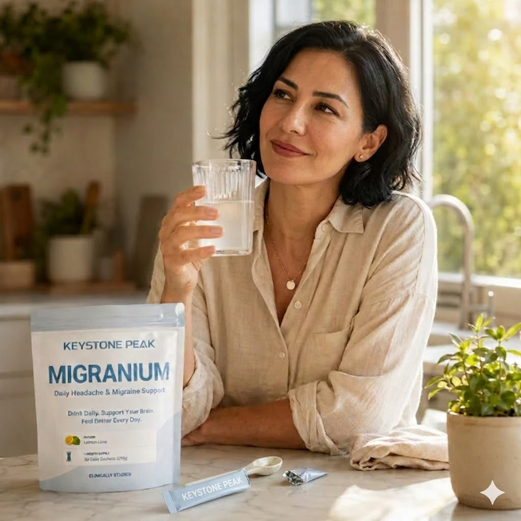 Migranium Lemon Lime daily migraine support drink mix pouch, single-serve stick, and a glass of the prepared drink